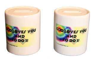 God Loves You coin bank (pictured:  front and back)